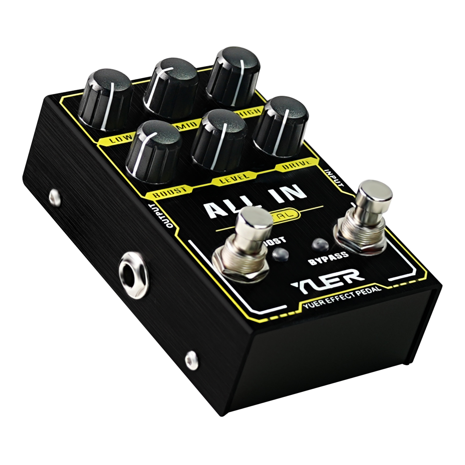 Gitarreneffektpedal, Overdrive-Pedal, Metallgehäuse, schwarz-gelb, sechs Regler
